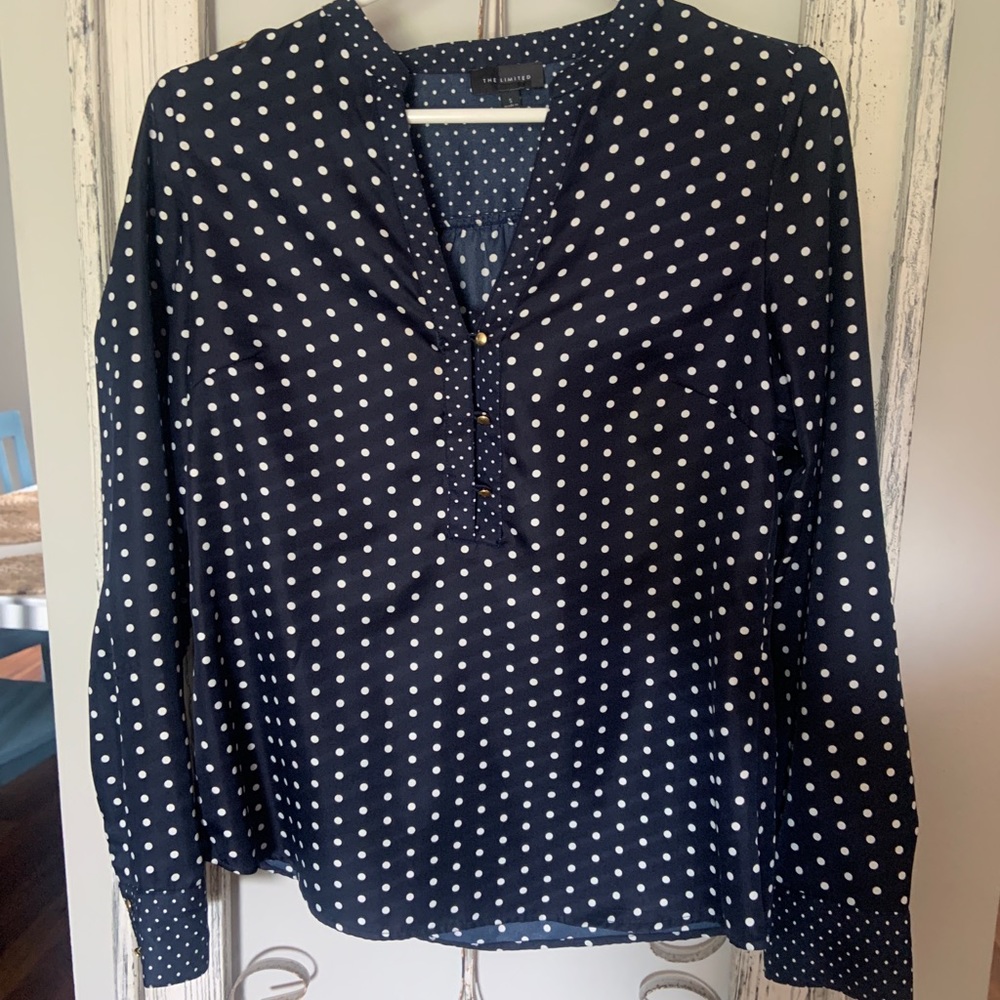 THE LIMITED Business Blouse Navy and White PolkaDots